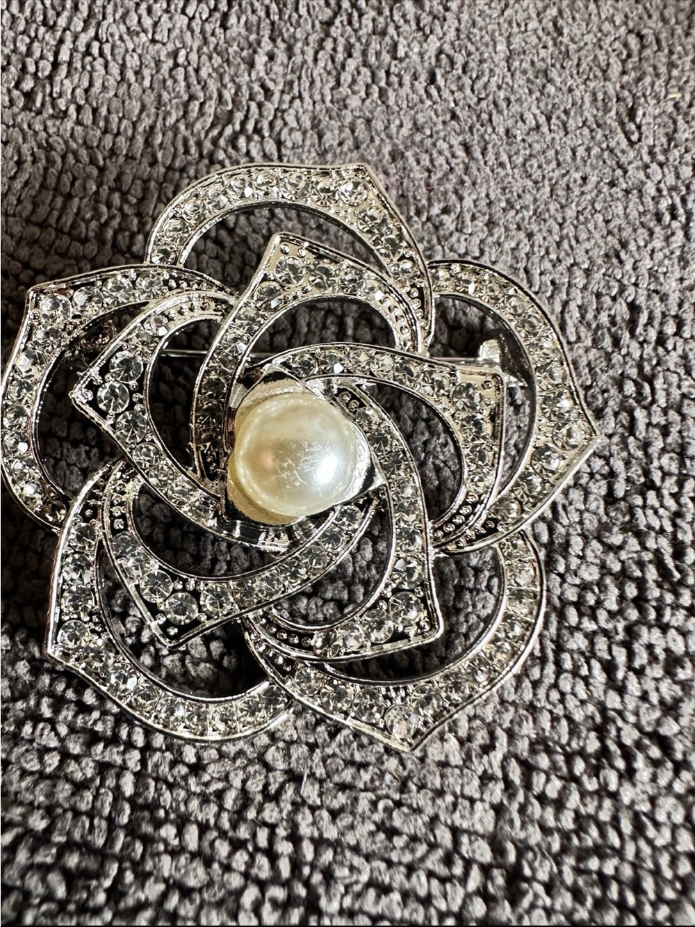 Pearl-Center Silver Crystal Floral Brooch